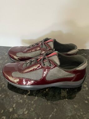 Authentic Prada Americas Cup Women’s Sneakers Burgundy Wine Patent Size 38.5 (8)